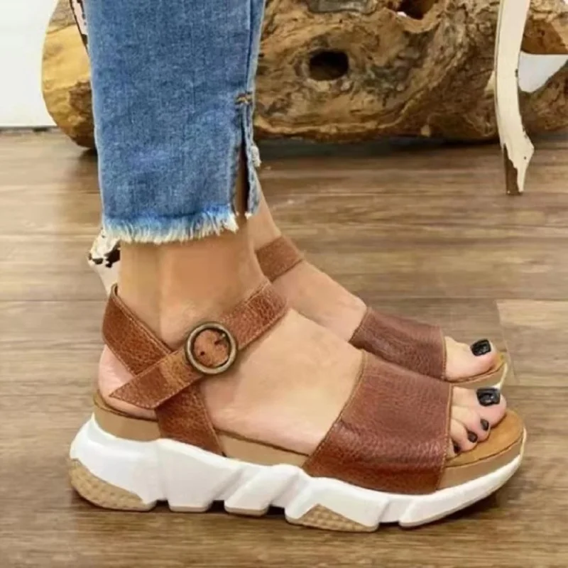 2022 Women Summer Wedges Buckle Strap Sandals Open Toe Casual Ladies Suede Non-Slip Solid Beach Shoes Open Toe Sandalias Mujer