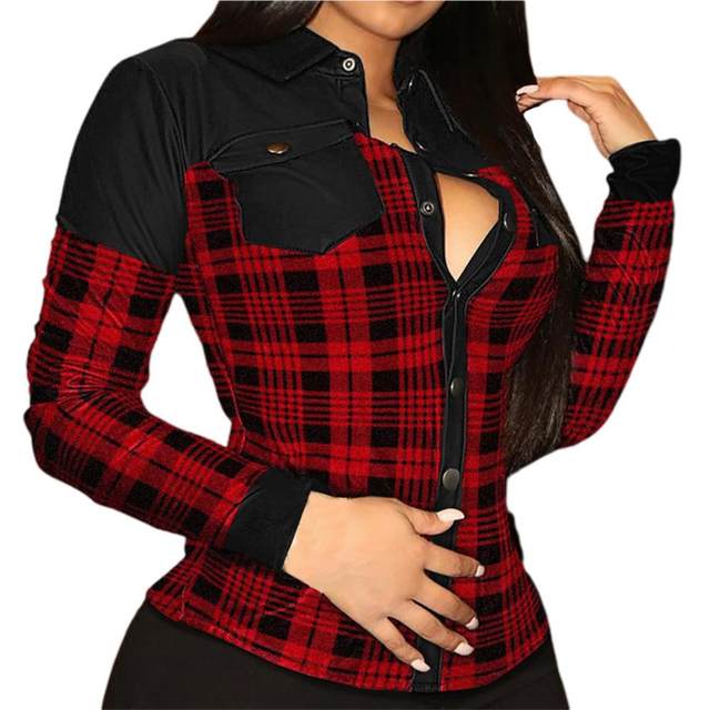 Grianlook Women Elegant Long Sleeve Tops Lapel Neck Plaid Shirts Office  With Pockets Blouse Red Black 2XL