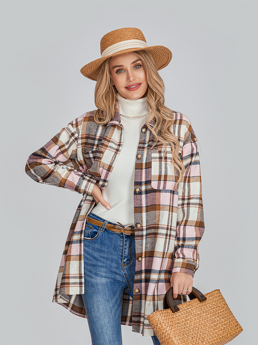 Women Long Sleeve Lapel Button Down Casual Plaid Shacket Jacket