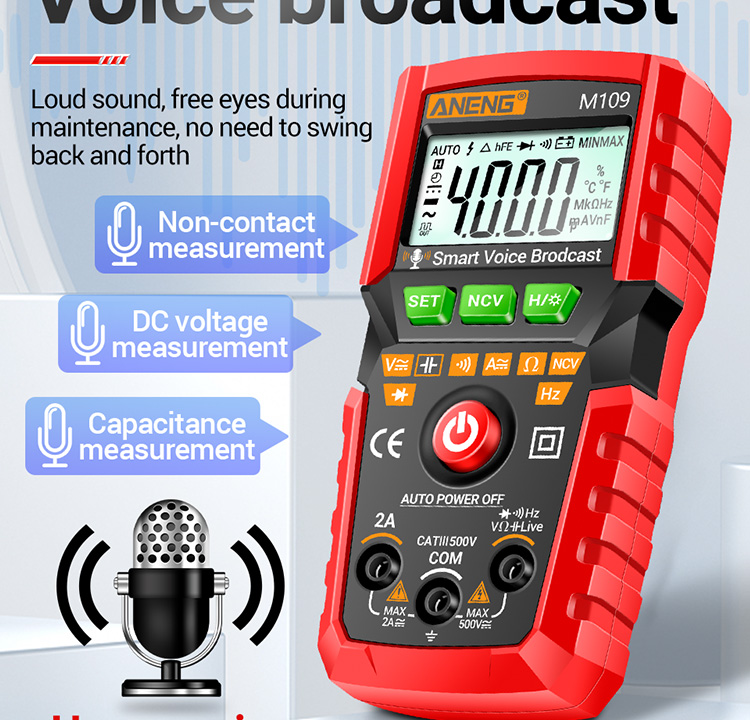 ANENG M109 Smart Multimeter Tester AC/DC Voltage Voice Broadcast Meter NCV Capacitance Continuity Professional Electrical Tools