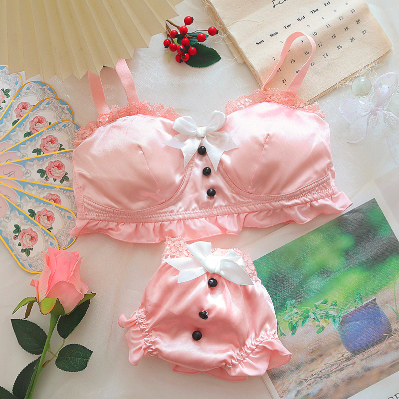 Rosa Unterwäsche BH und Höschen Set sexy Dessous süße kleine Brust Lolita Push-up Spitze Dreieck Tasse dünne Tasse Mädchen Höschen Bra lette – Detail 7