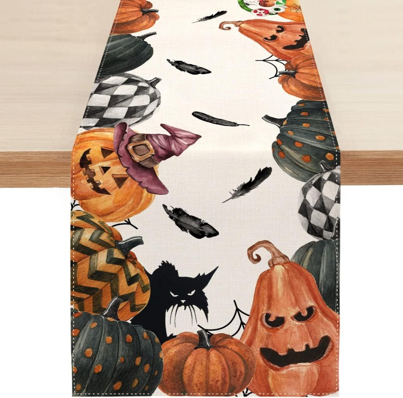 Description Picture 6 of itemLinen Halloween Table Runner Pumpkin Spider Web Skull Dining Table Decoration Scary Table Cover for Halloween Dinner Party Decor