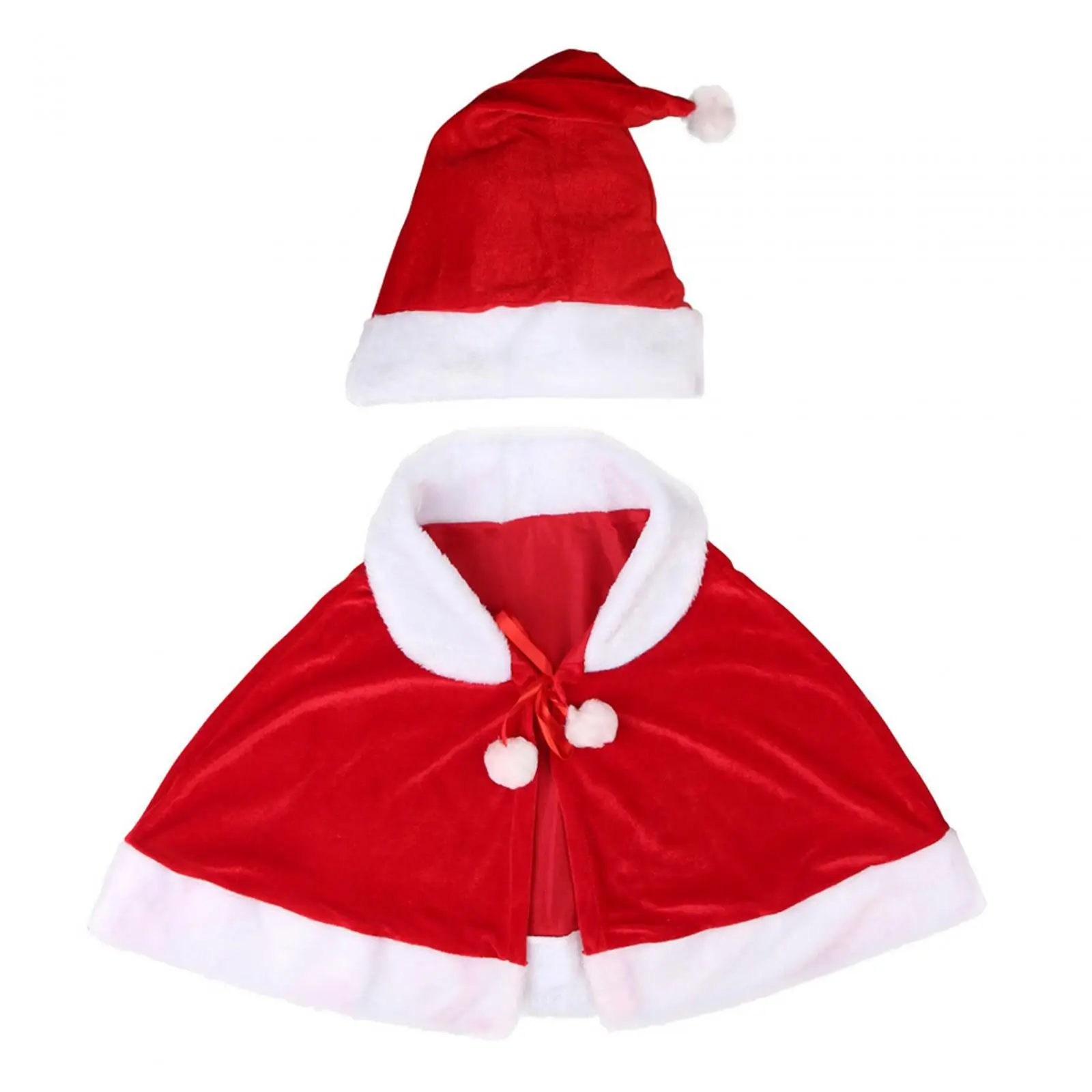 Christmas Shawl Cloak Cape with Hat Xmas Shawl with Plush Balls Lace up Santa Claus Cape Robe Red Cape for Role Play Props