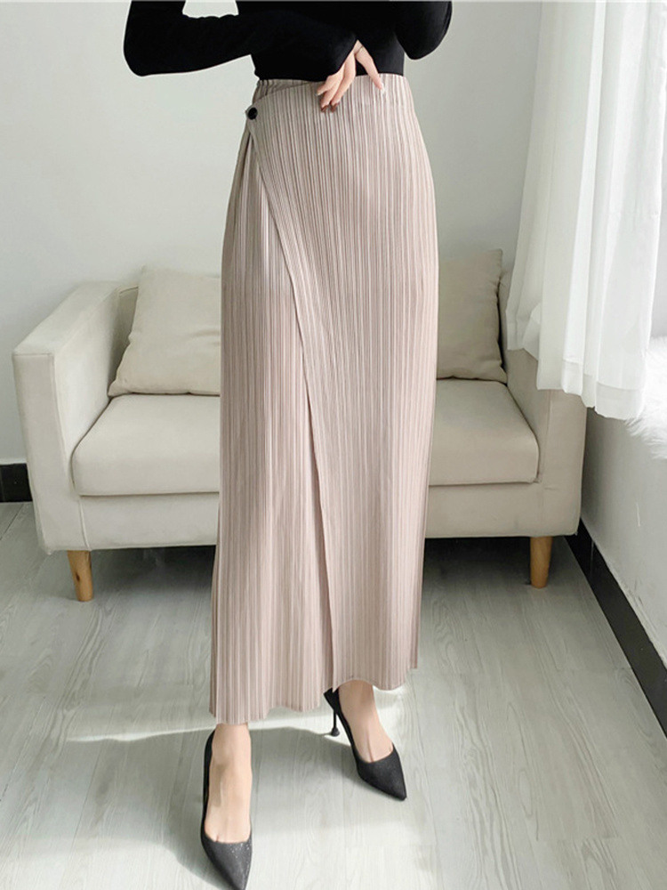 ALSEY Miyake Pleated Wide Leg Ankle-length Pants for Women Autumn New Simple Elastic Waist Solid Color Straight Female Trsouser