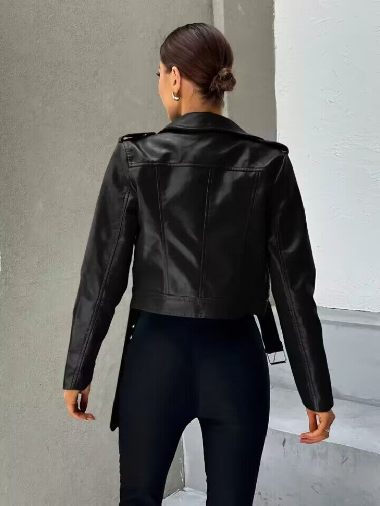 Women Black Leather Jacket Spring Autumn Lapel Short Moto Biker Coat Female Slim Long Sleeve Streetwear Faux Leather Jackets