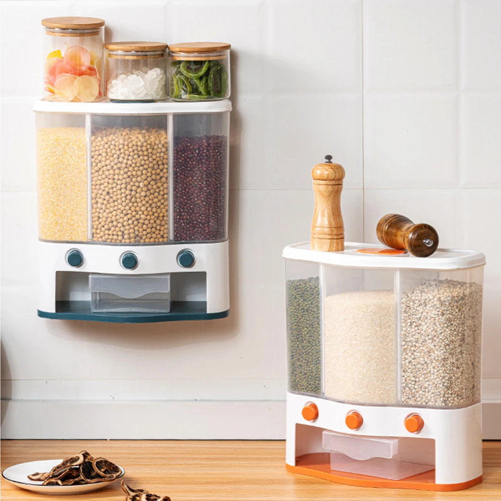 Wall Mounted Rice Storage Tank, Grains  Storage Tank,  Storage, 3 Grid Dry Food Snack Grain Canister Organizer 6000ML