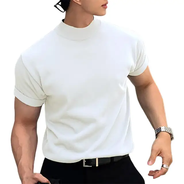 Camiseta básica de cuello alto de color sólido para hombre, camiseta de  manga corta, cuello alto falso, camiseta de verano ajustada