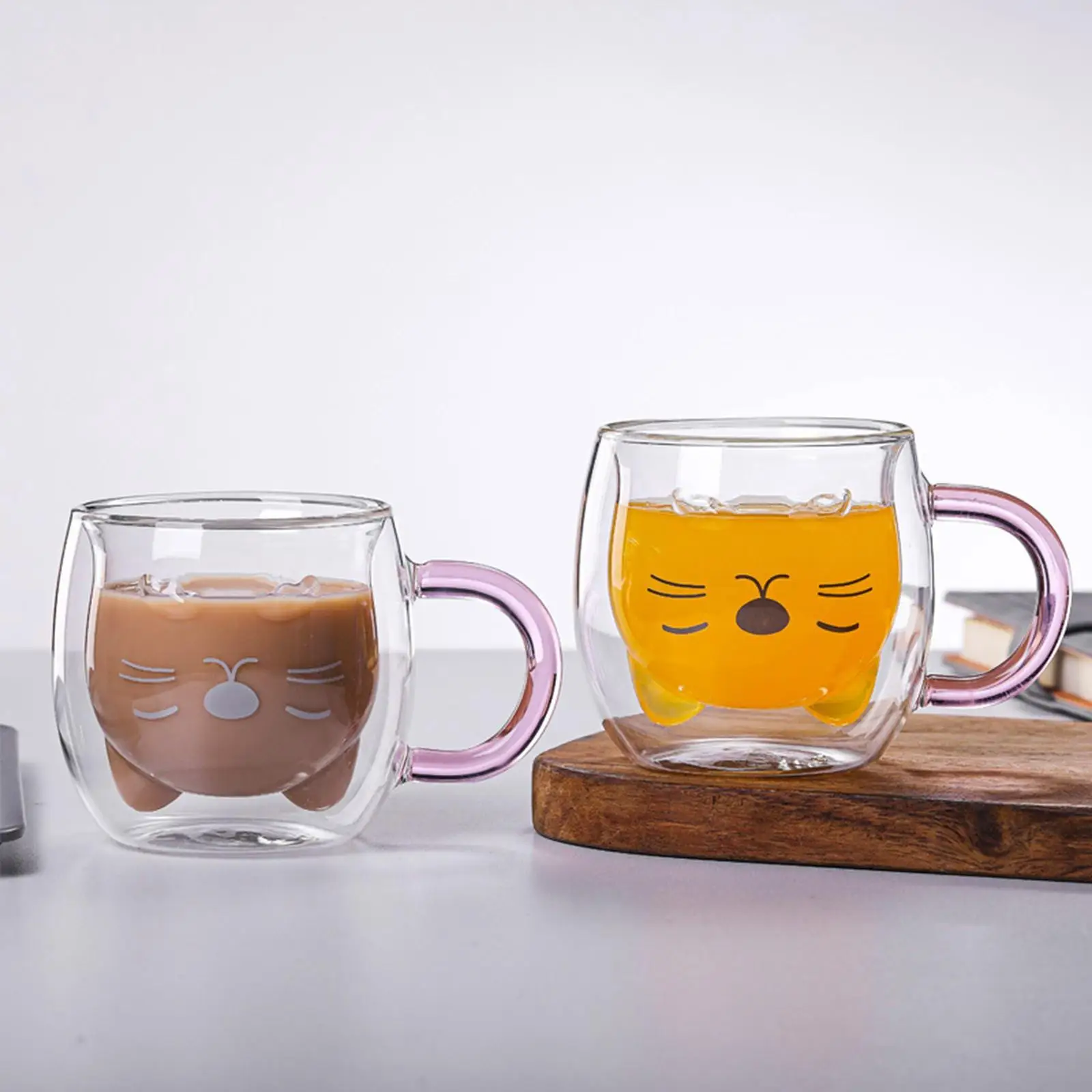 Double Wall Glass Cup Borosilicate Glass Cat Ear Drink Mugs for Tea Hot Chocolate