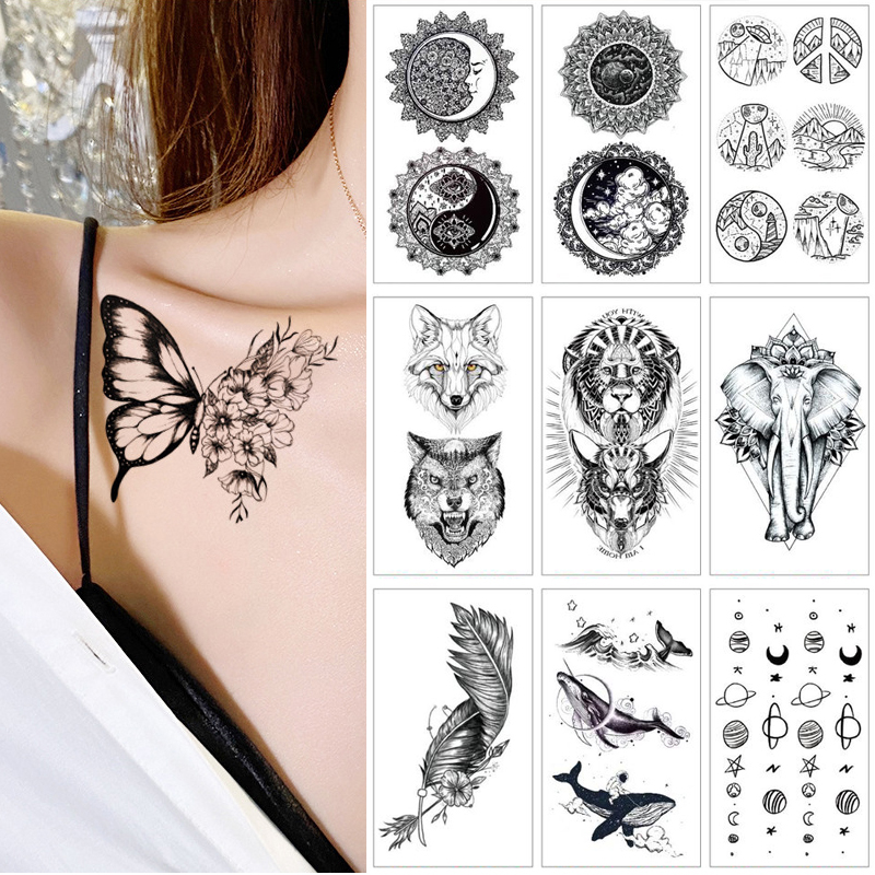 Best of Goth Black Flower Moon Lion Pattern Fake Tattoo Sticker For Women Dot Peony Temporary Tattoos DIY Water Transfer Tattoos Girls Reviews & Tips