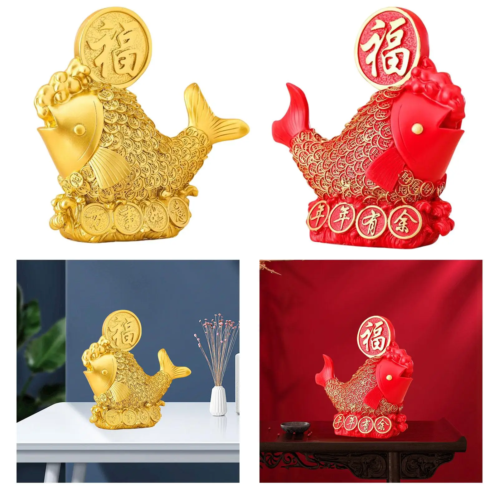 Resin Chinese Fish Statue Figurine Sculpture Collection Gift Crafts for Desktop Office Living Room Table Decoration