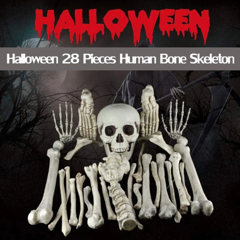 28 PCS Skeleton Bone with Skull Artificial Realistic Skeleton Statue for Halloween Spooky Graveyard Ground Bar Party Decoration