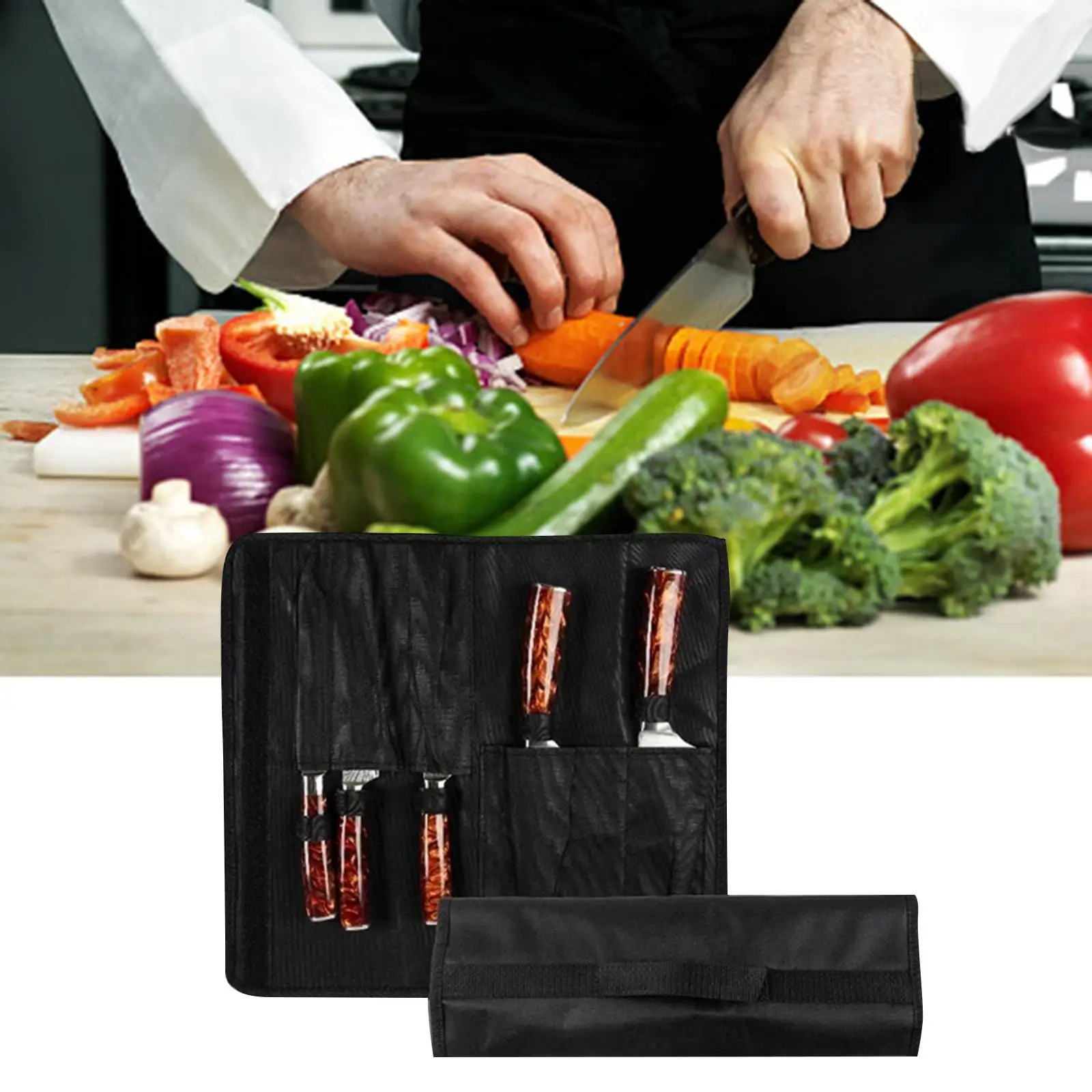 Chef Roll Bag Reusable 5 Pockets Waterproof Black for Picnic Travel