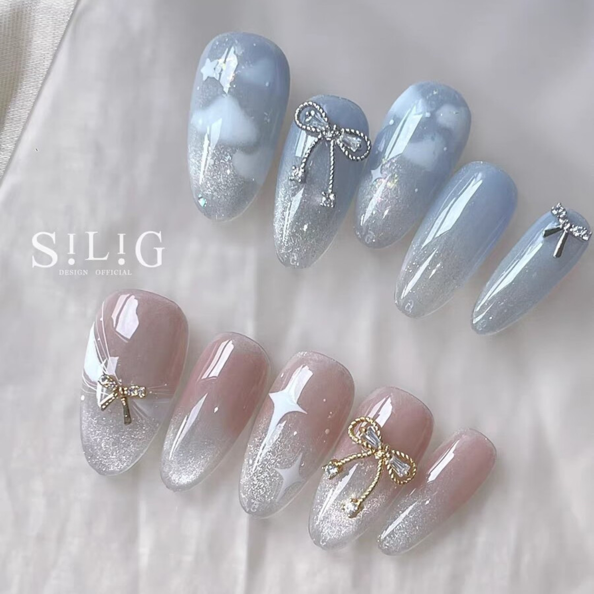 Best of Bow Ice Translucent Sense Handmade Wearable Fake Nail Gradient AB Asymmetric Almond False Nails Trim Nail Shape Nail Decoration Reviews & Tips