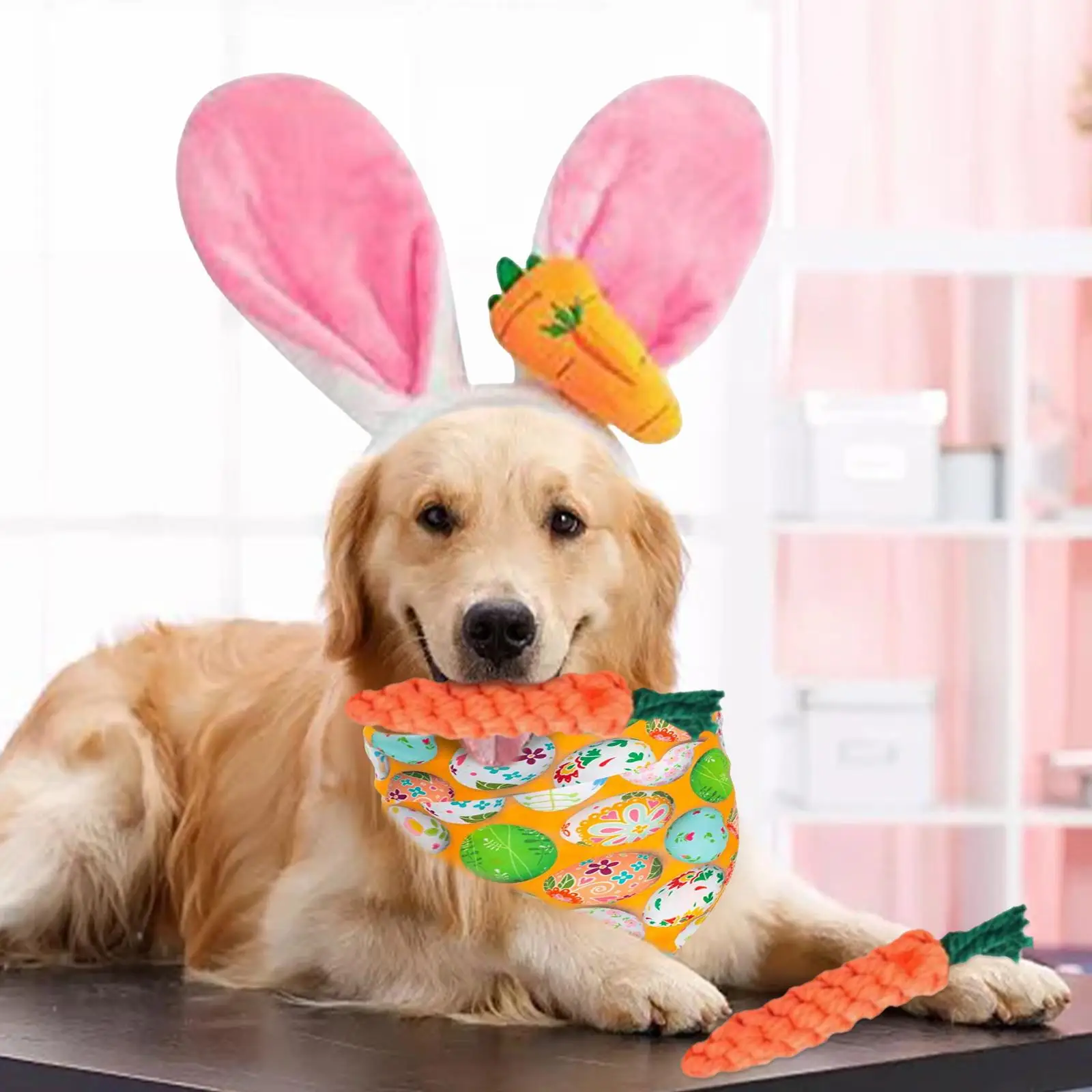 4x Dog Easter Costumes Triangle Bibs Rabbit Ear Headwear Carrot Shape Rope Teeth Cleaning Chew Toys Party Costume Accessories
