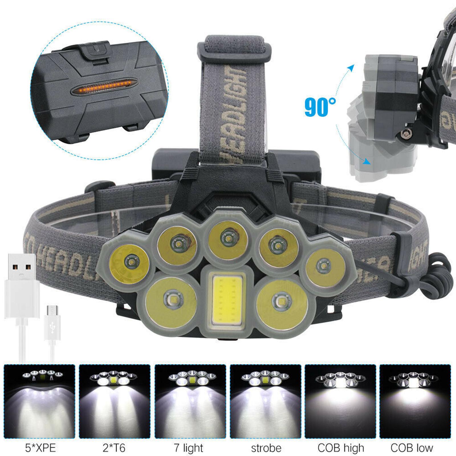 Headlamp Rechargeable 2 Batteries Waterproof 8 LED USB for Running Camping