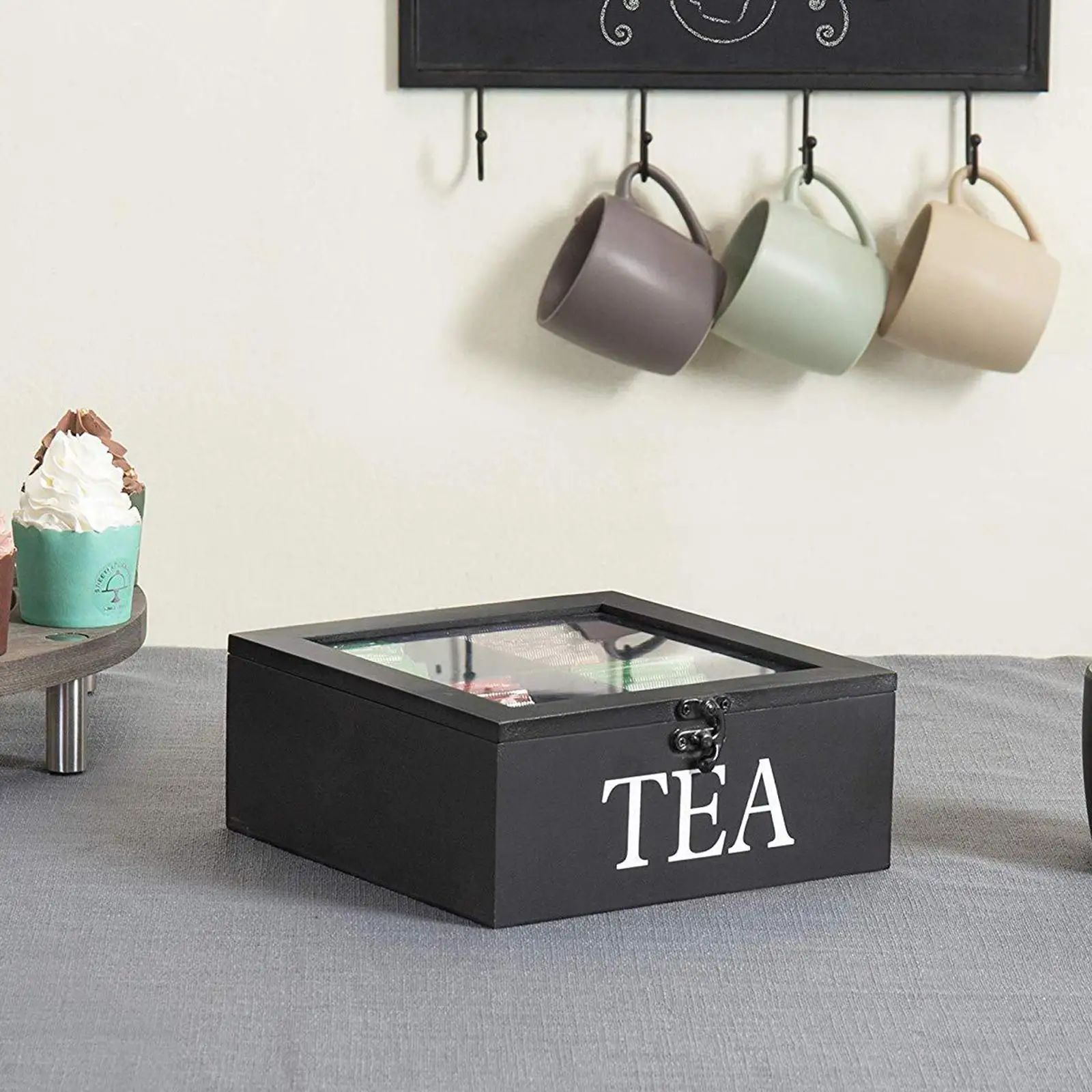 Wooden Tea Box Home for Sugar Bags Assorted Teas and Condiments Coffee Pod