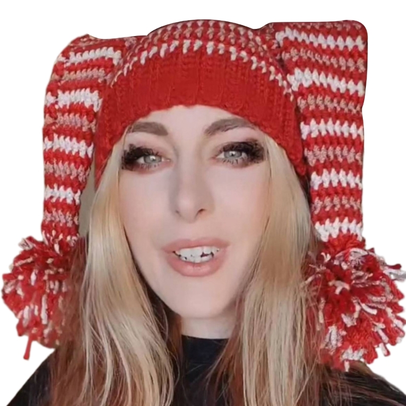 Clown-Hut, handgefertigte Kopfbedeckung für draußen, gestrickt, gestreift, Garn, große Strickohren, Wintermütze, Rot – Detail 5