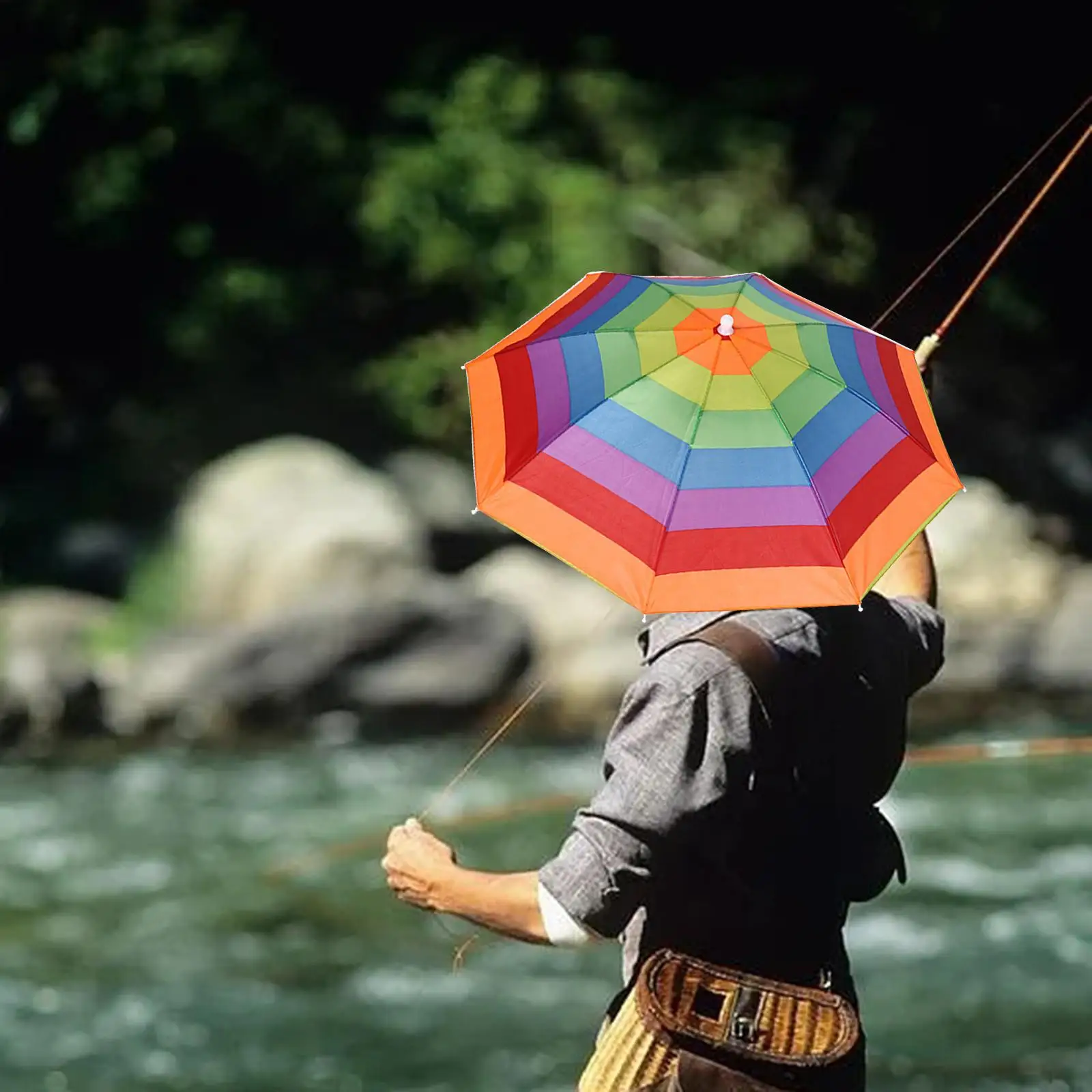 Rainbow Umbrella Hat 21.7inch Folding Rain Caps Sun Protection Fishing Umbrella Hats for Golf Hiking Outdoor Gardening