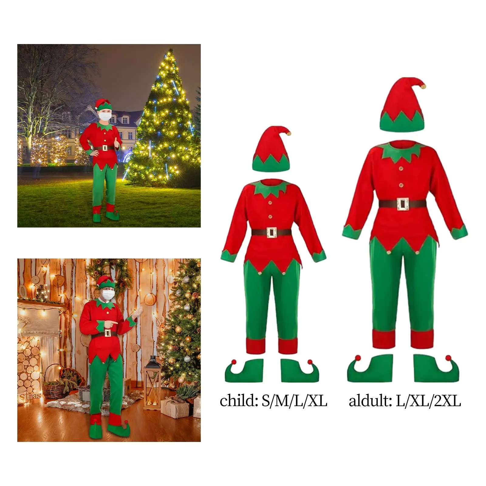 Christmas Elf Costumes with Elf Hat Elf Cosplay Costume Set Xmas Outfit for Carnival Festive Themed Party New Year Photo Props