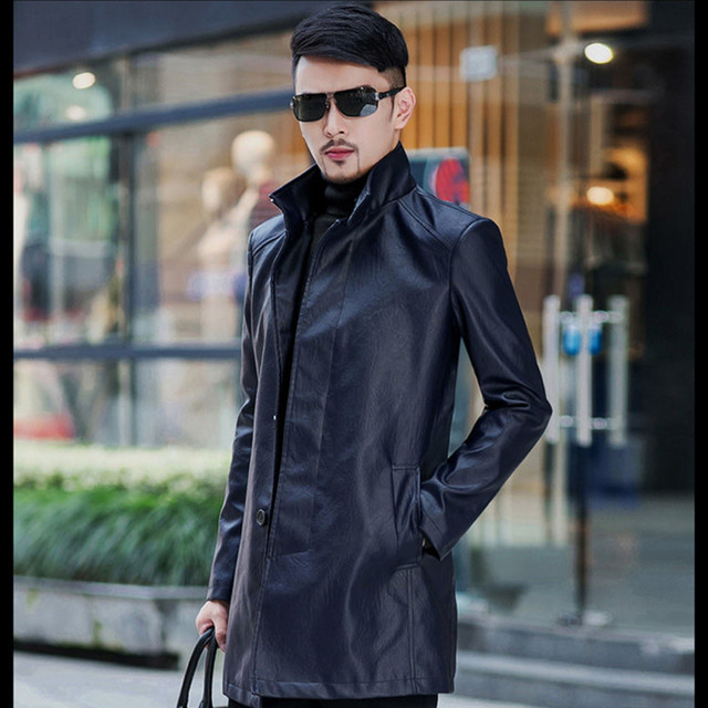 Men's Business Leather Jacket Mid-length Coat Windbreaker Jacket