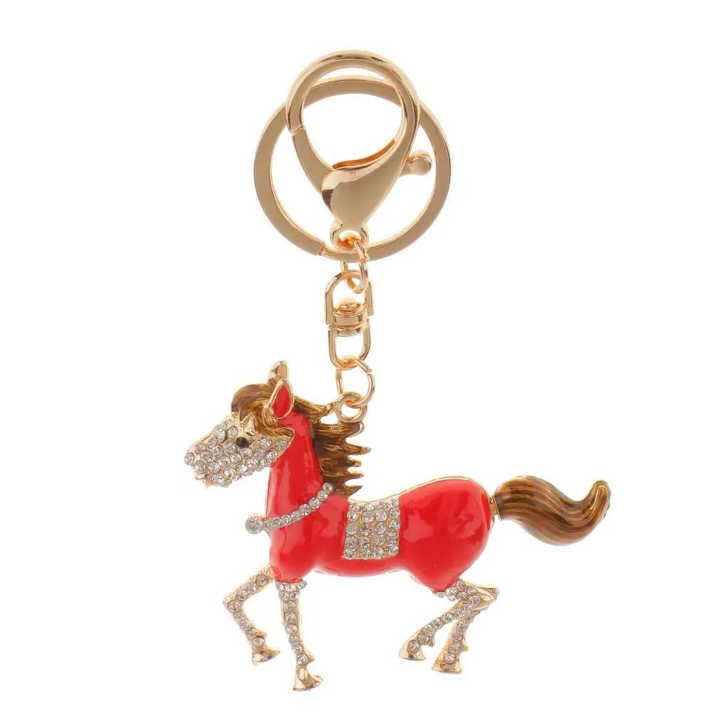 Red Enamel Rhinestone Crystal Running Horse Key Chain Bag Purse Phone