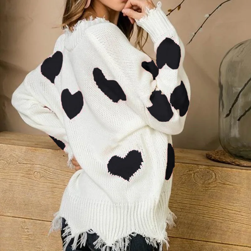 christmas sweatshirt Women Loose Valentine's Day Sweater Heart Print Long Sleeve V-Neck Pullovers Spring Autumn Casual Knitted Tops black cardigan