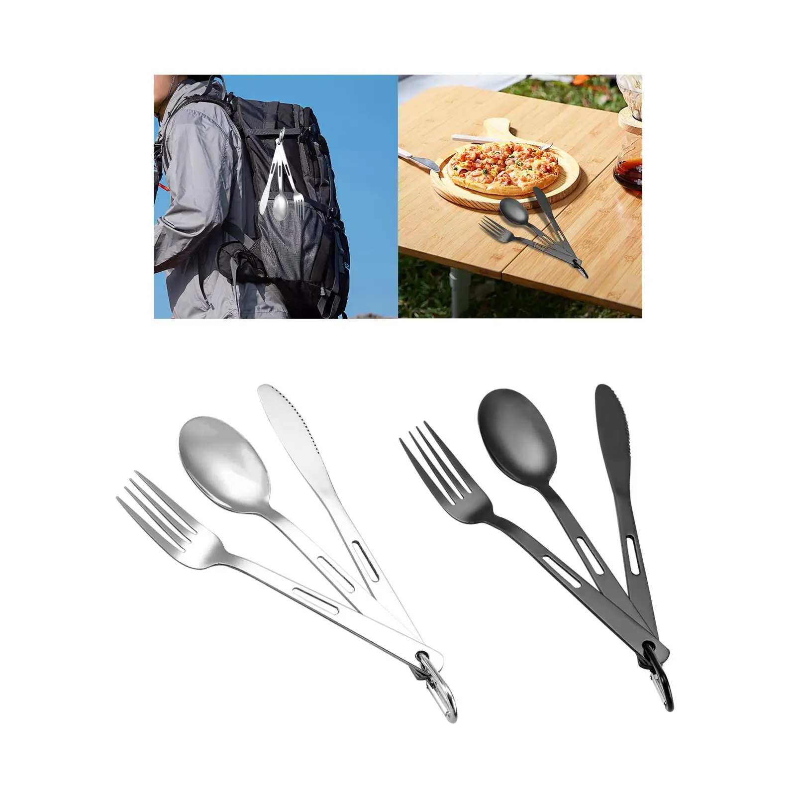 Camping Cutlery Set Long Handle with Carabiner Outdoor Tableware Utensils Metal Flatware for Barbecue Office Hiking Home Kitchen