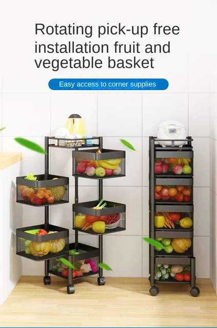 4-Tier Rotating Fruit Basket Kitchen Storage Metal Modern Vegetable Rack  for Kitchen with Wheels Easy Installation - China Kitchen Trolleys,  Vegetable Basket Storage