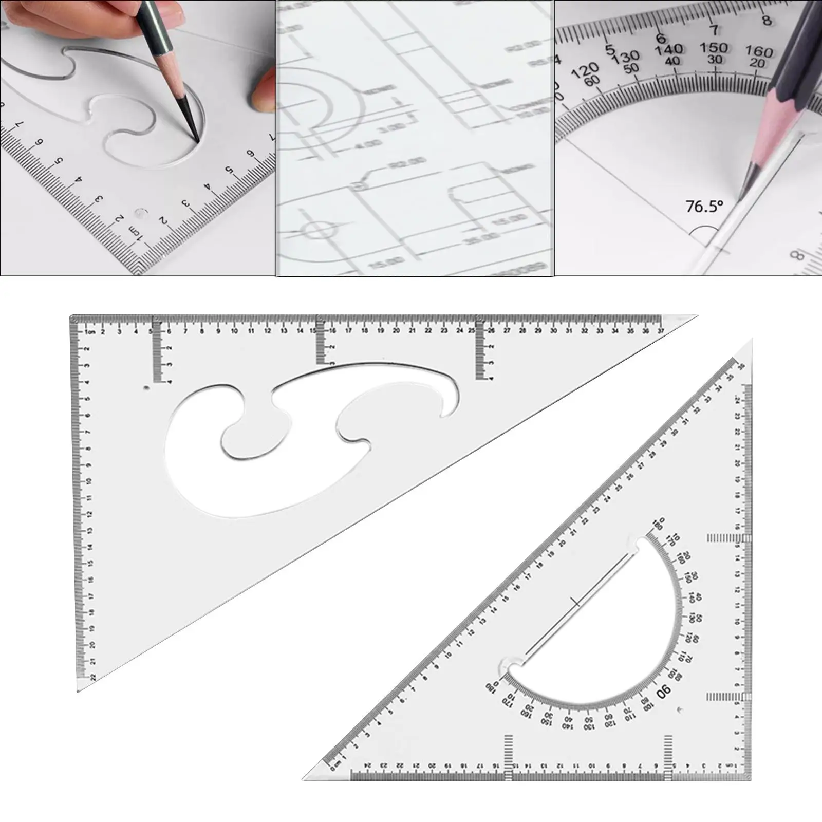 2x Triangle Ruler Square Multipurpose Professional Transparent Measuring Ruler for Carpentry Engineering Artists Design Drafting