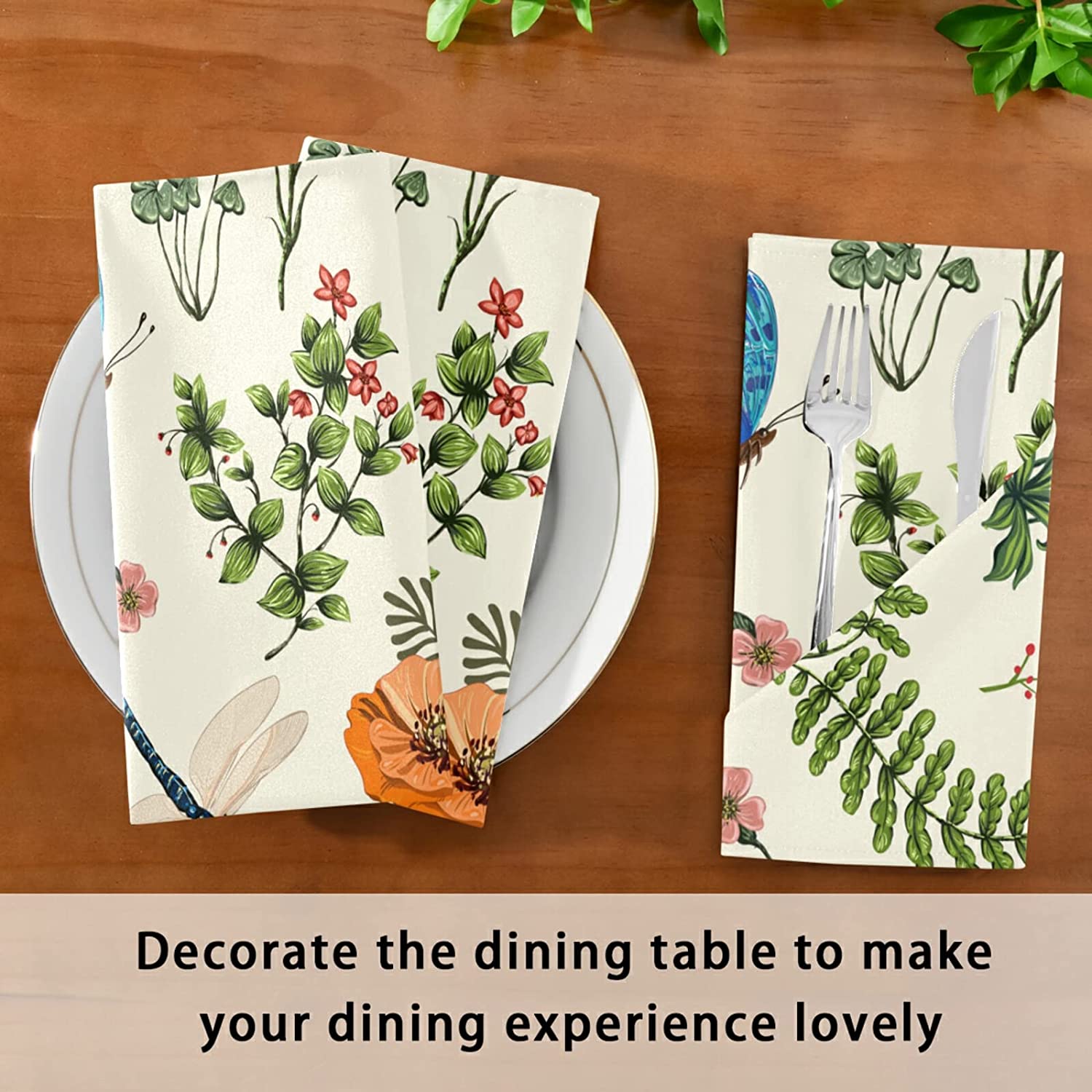 Description Picture 5 of itemVintage Dragonfly Floral Table Napkins Wedding Decoration Leaves Reusable Cloth Napkins for Dining Table Holiday Party Decor