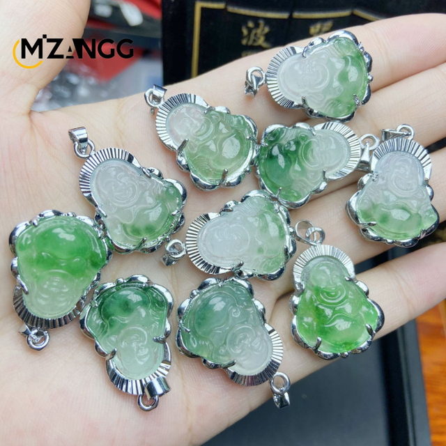 Small Certified Sterling Silver 925 Natural Myanmar Burma A Hand Carved Jade Jadeite Icy cheapest Green Happy Buddha God Pendant Necklace