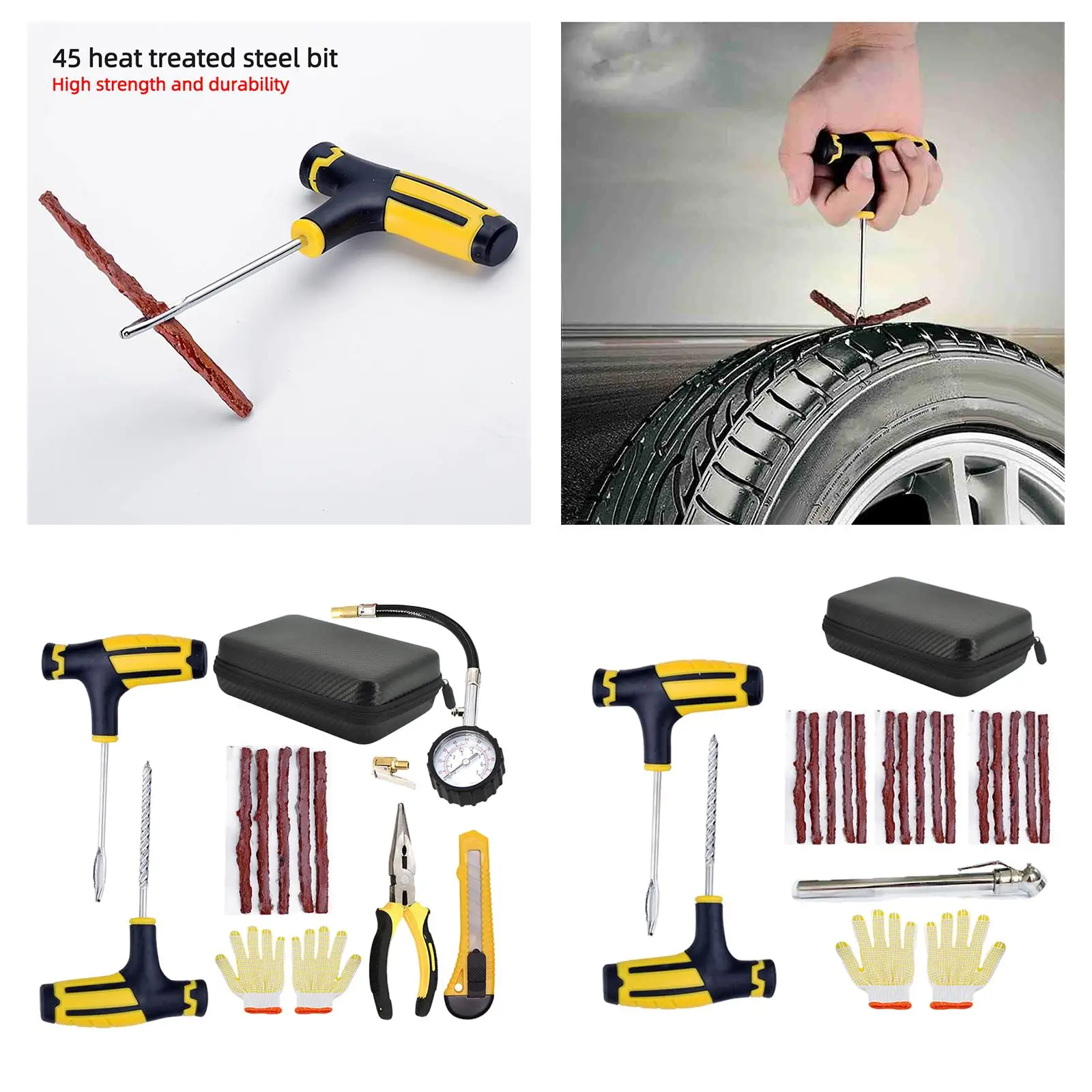Tire Repair Tools Kit Tubeless Tyre with Rubber Strips Puncture Repair Kit for Car Bike Van with Storage Case Tire Accessories