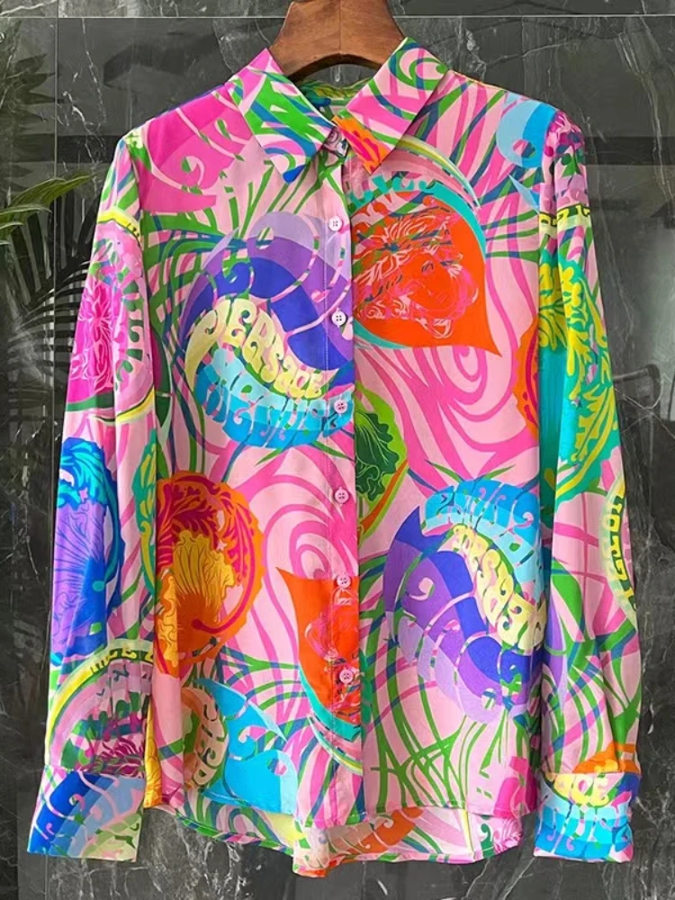 Silk Women's Shirt Loose Satin Printed Vintage Blouses Polo Neck Elegant Clothing Spring/Summer Fashion Full Tops YCMYUNYAN