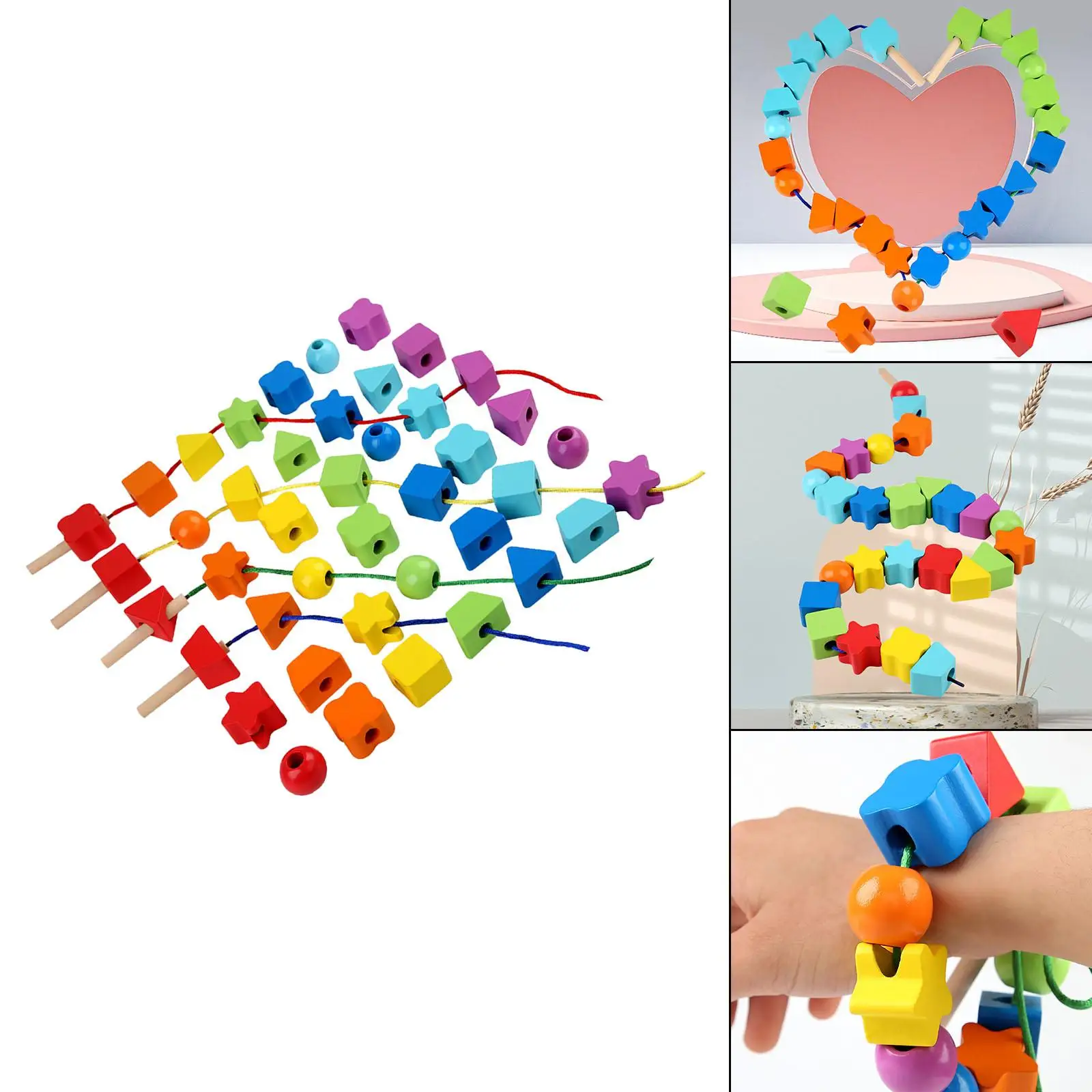 42 Pieces Lacing Wooden Toys Early Education Ages 3-5 Preschool Threading Beads String Montessori toys Activities Toddlers