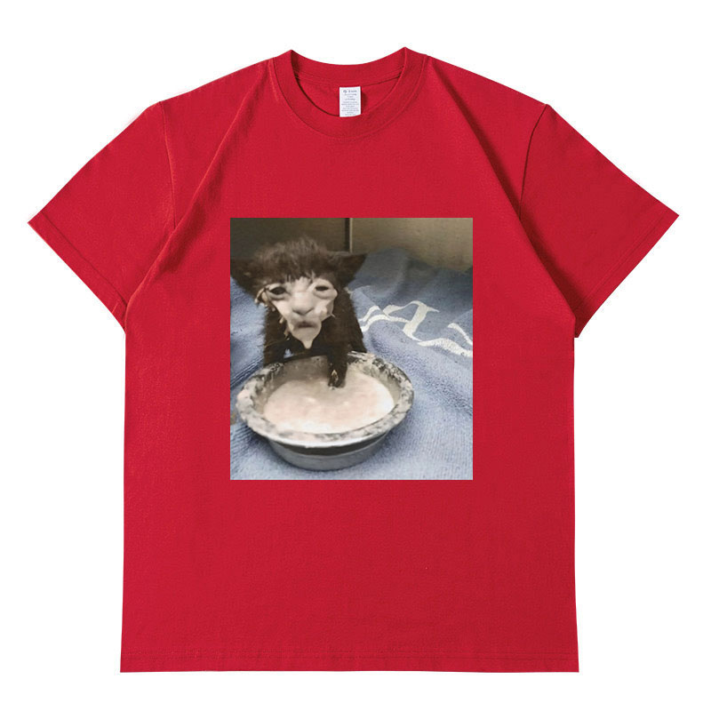 Milch gesicht Katze Meme Print T-Shirt seltsamen Humor lustige Katze Grafik T-Shirts Männer Frauen Mode Baumwolle übergroße T-Shirt Streetwear – Detail 4