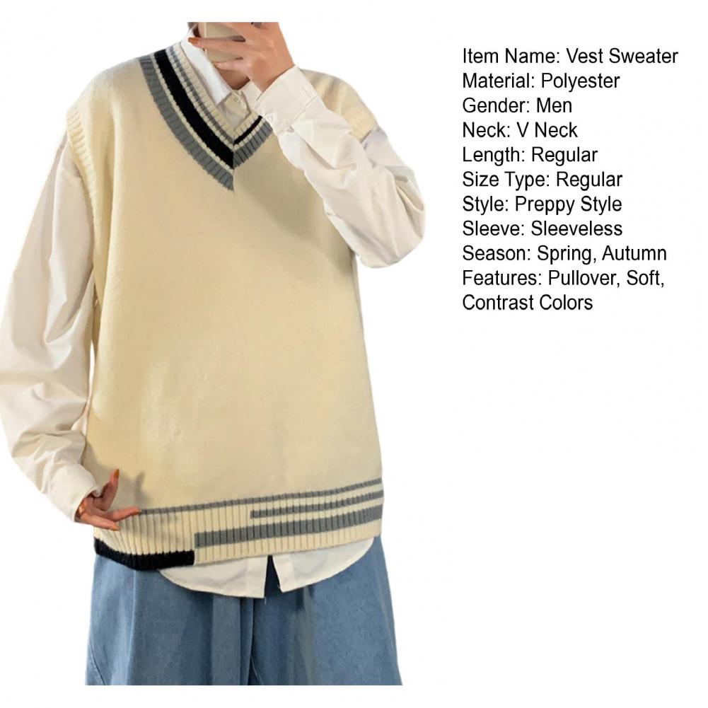 Description Picture 3 of itemCool Anti-shrink Streetwear Winter Sweater Elastic Men Vest Sweater Contrast Colors V Neck Winter Sweater for Dating