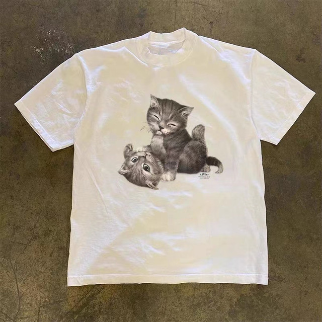 Retro Summer Hip Hop Harajuku Vintage Cat Print Oversized T Shirt 