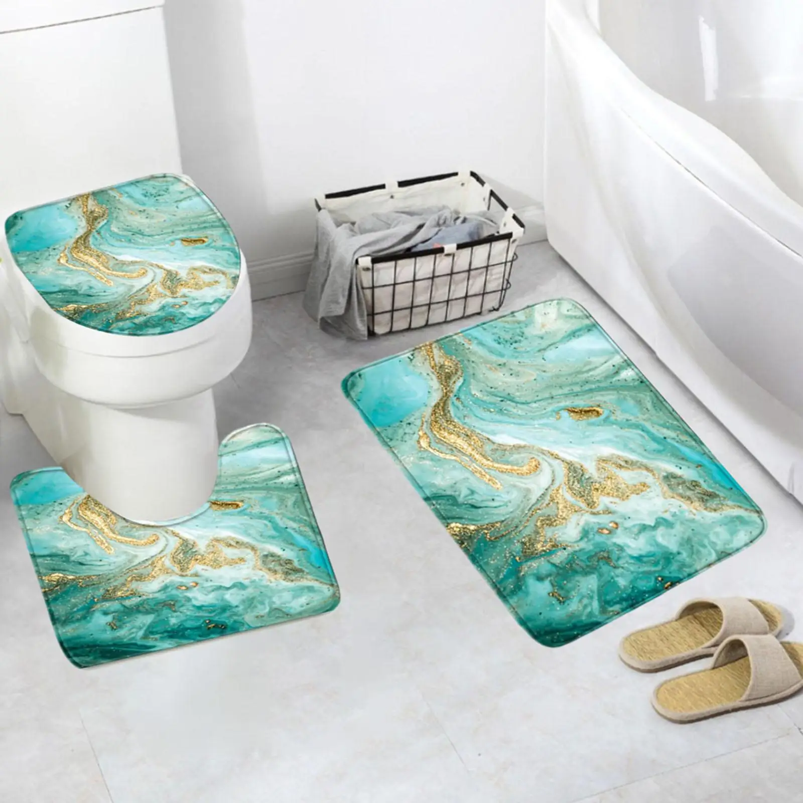 Three Piece Toilet Set Anti Skid Polyester U Shape Contour Rug Bath Rugs with Toilet Seat Cover Toilet Floor Carpet