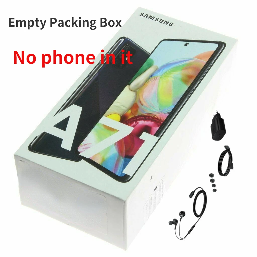 Black Genuine Samsung Galaxy A71 Retail Empty Packing Box Total New or with earphone OTG Converter Cable UK/US/EU A71 Charger 65 watt charger