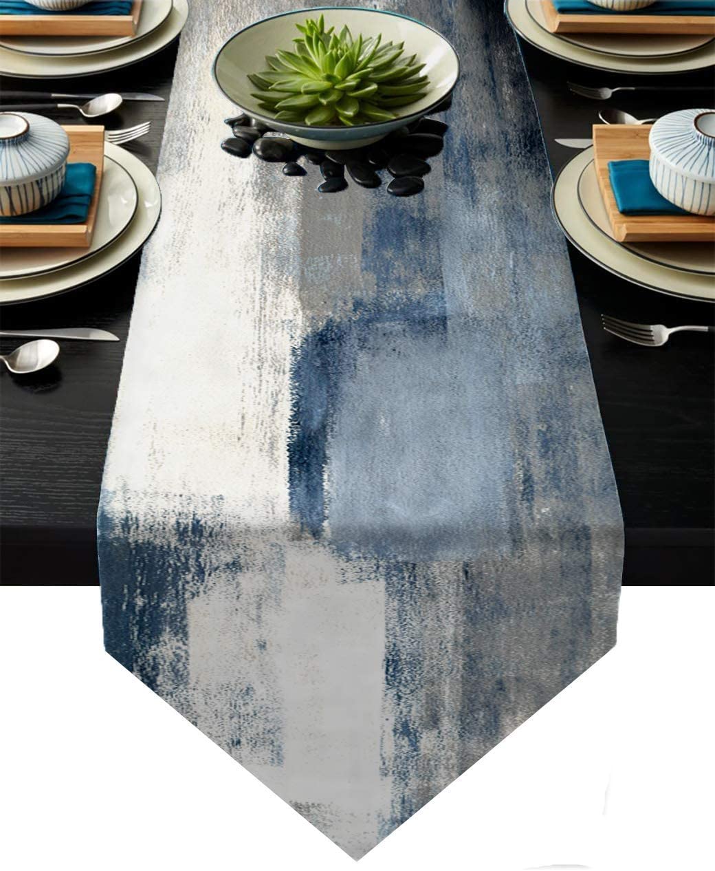 Description Picture 4 of itemGrey Green Table Runner Abstract Modern Art Burlap Tablecloth Table Dresser Runner Farmhouse Style Dinner Holiday Home Decor