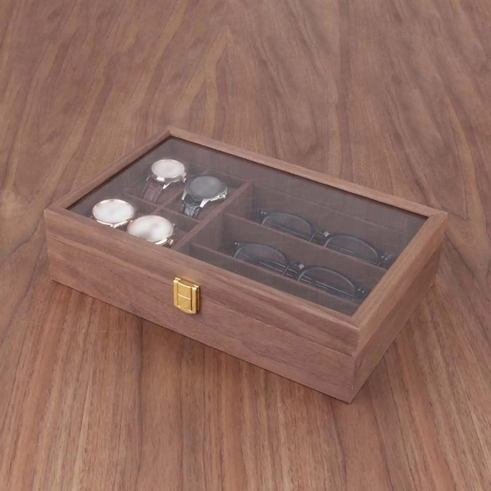 Wooden Watch Box 4 Watch Slots 3 Sunglasses Grids Portable Vintage Lockable with Clear Top Organizer Jewelry Storage Men Women