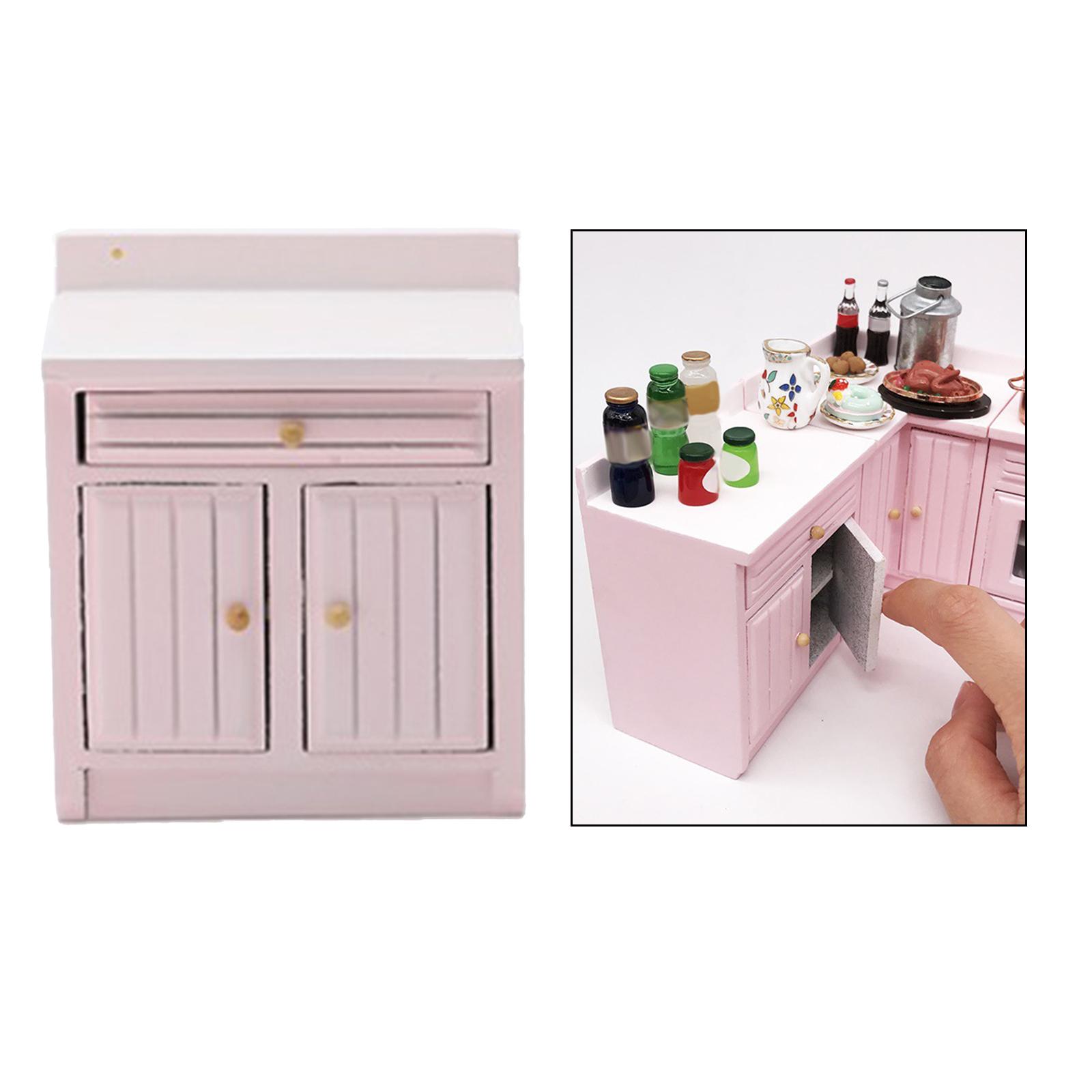 Dollhouse Small Kitchen Cupboard Furniture Pink Doll House Cabinet Kids Play Toys Dining Room Decoration Ornament Accessories
