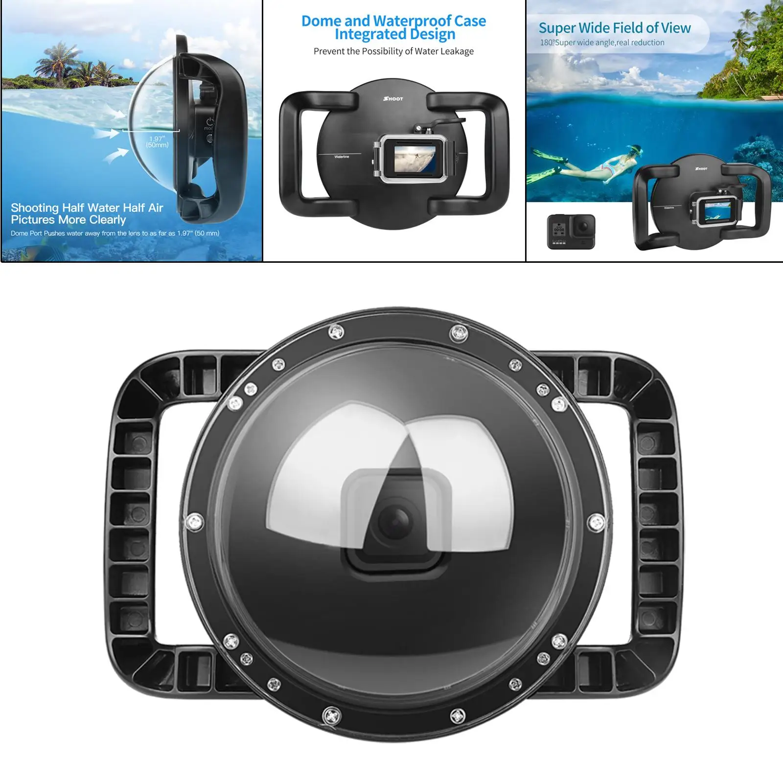 Underwater Dome Lens Waterproof Cover Dual Handle Accessory Black 45M 180 Degree Viewing Angle High Transparent for  Hero 8