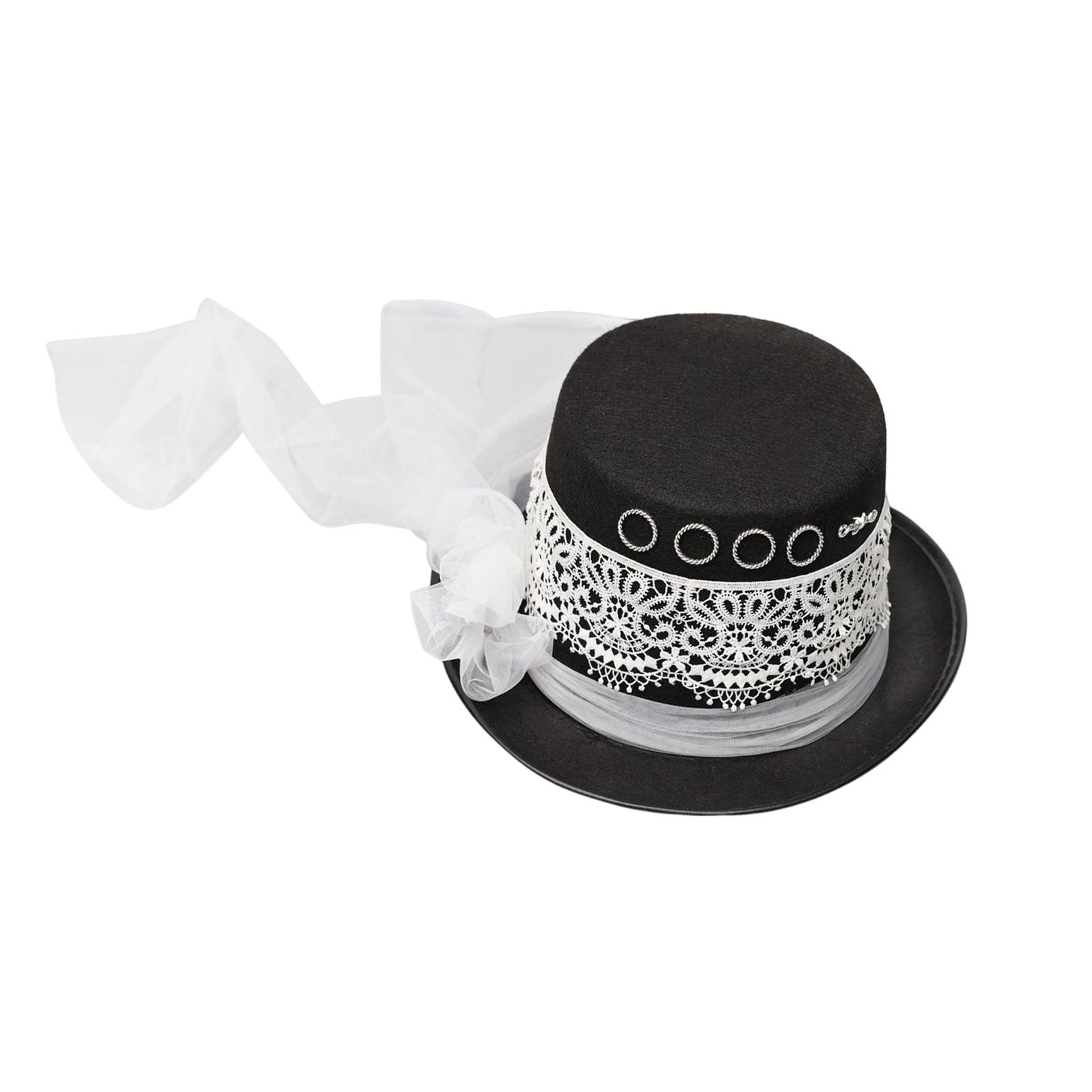 Vintage Women Steampunk Top Hat White Lace Decor Veil Costume Hat, Masquerade Costume Party Jazz Hat Made of Thick Felt Gift