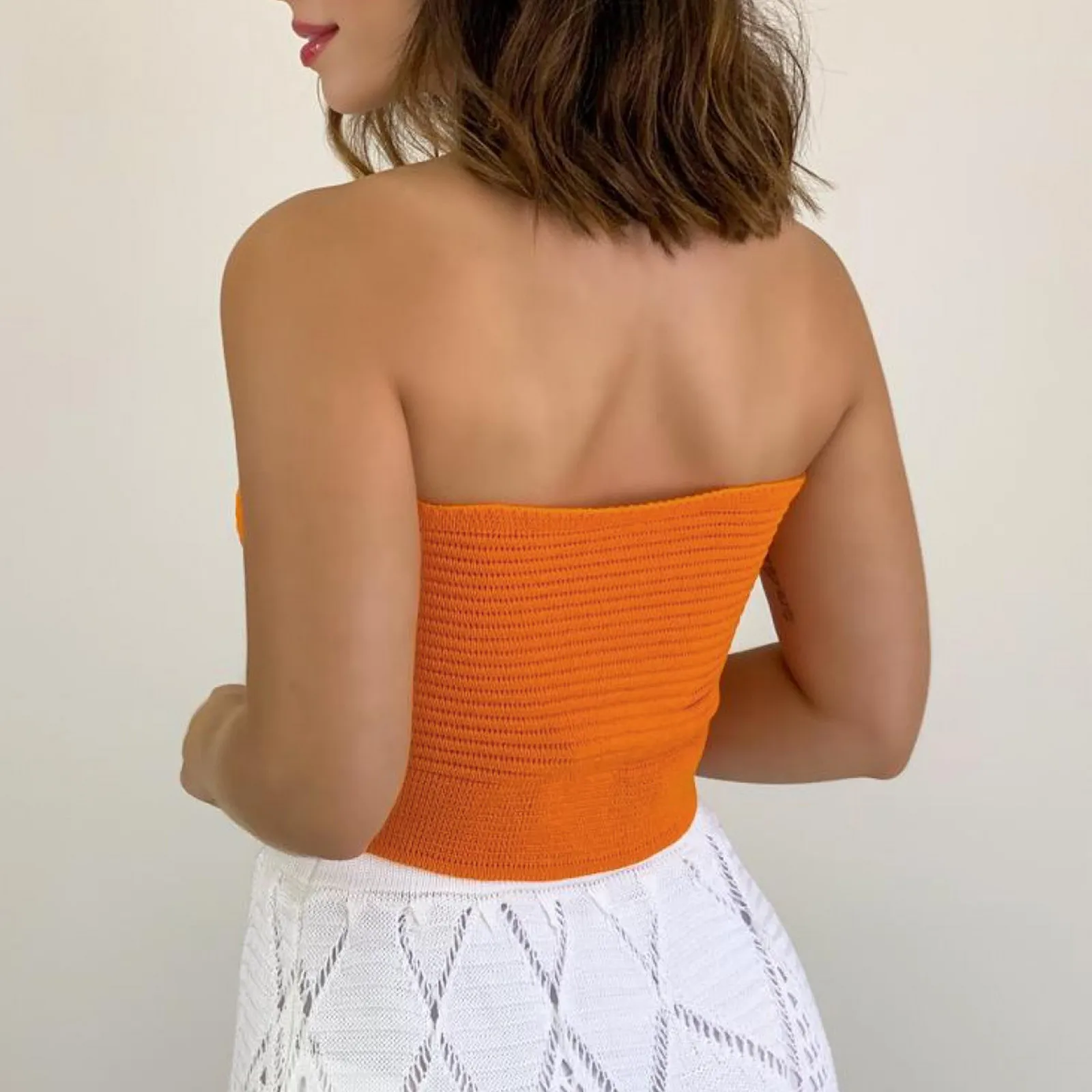 2022 Knitted Strapless Crop Top Women Summer Sleeveless Orange Backless Bandage Y2k Tank Tops Corset Sexy Vintage Bandeau Vest silk camisole