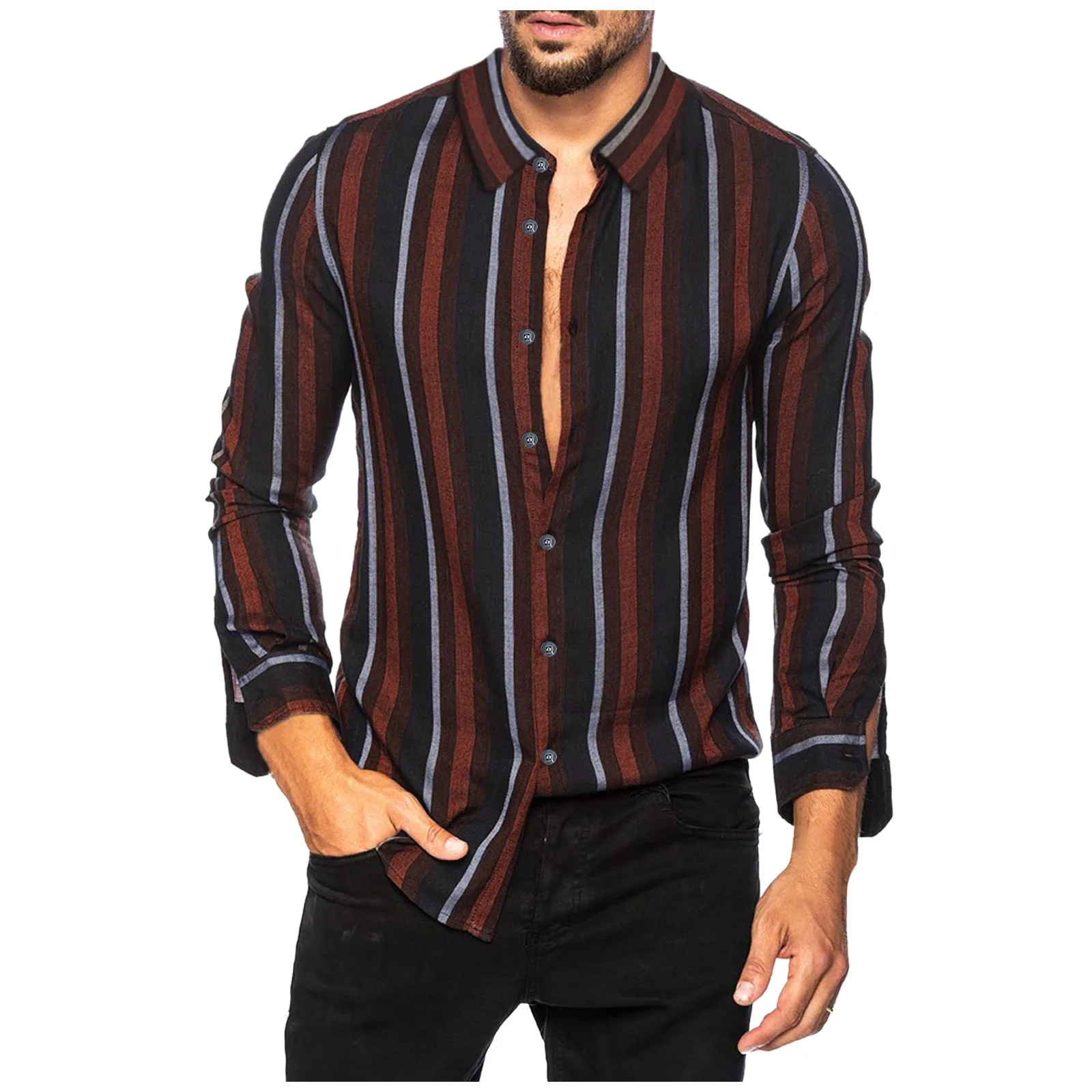 Easonp Mens Autumn Lapel Neck Striped Long Sleeve Printed Button Down Shirts