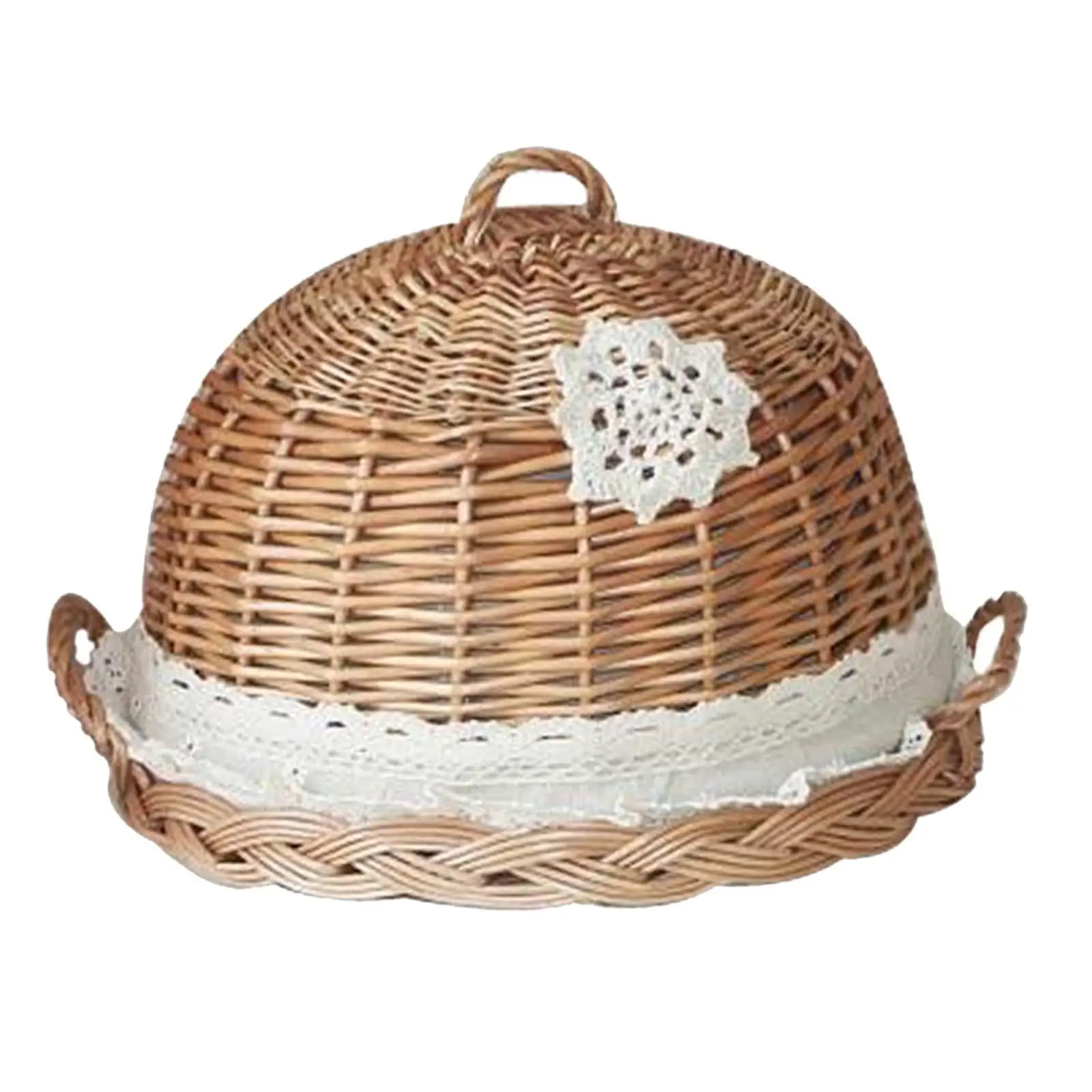 Food Dome Lid and Serving Tray Rattan Wicker Woven Brown Round Lightweight Kitchen Decoration Handcrafted 30CX20cm with Handles