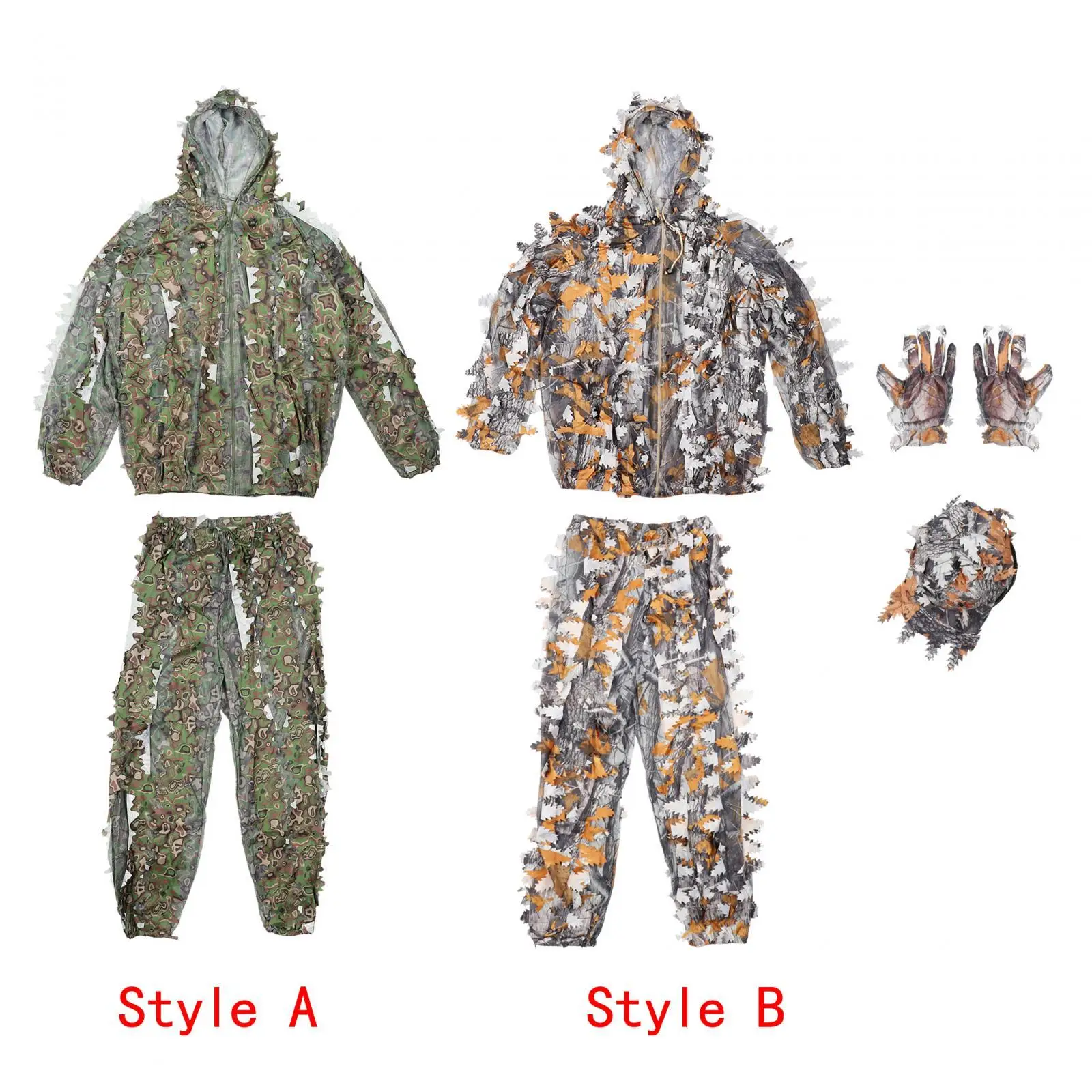3D Leaves Ghillie Suit Set Woodland Hunting Jacket with Pants Summer Lightweight Camouflage for Shooting Fishing Camping Jungle