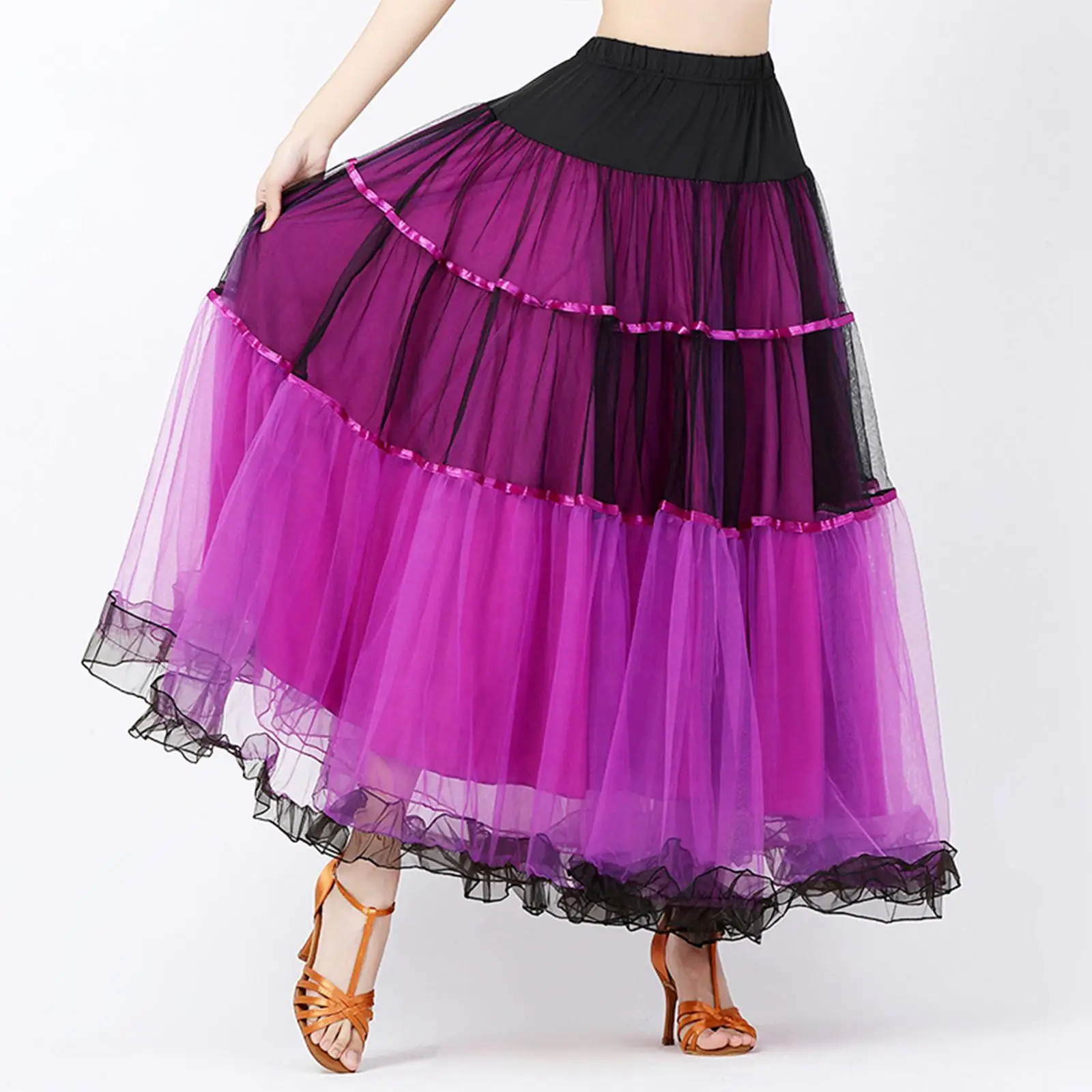 Ballroom Dance Skirt Ladies Long Swing Tiered Skirts Dancewear Layered Dress
