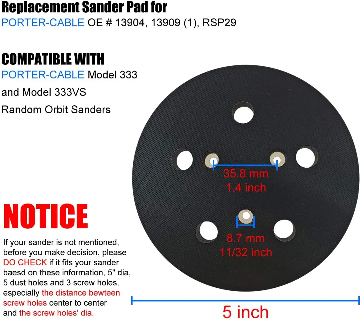 5" 125mm 5 Hole Sander Pad Hook & Loop For Porter Cable 333 Model Sander Tool 